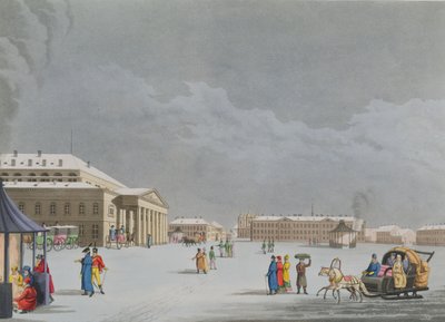 Vista de la plaza y el Gran Teatro en San Petersburgo, ilustración para marzo de 